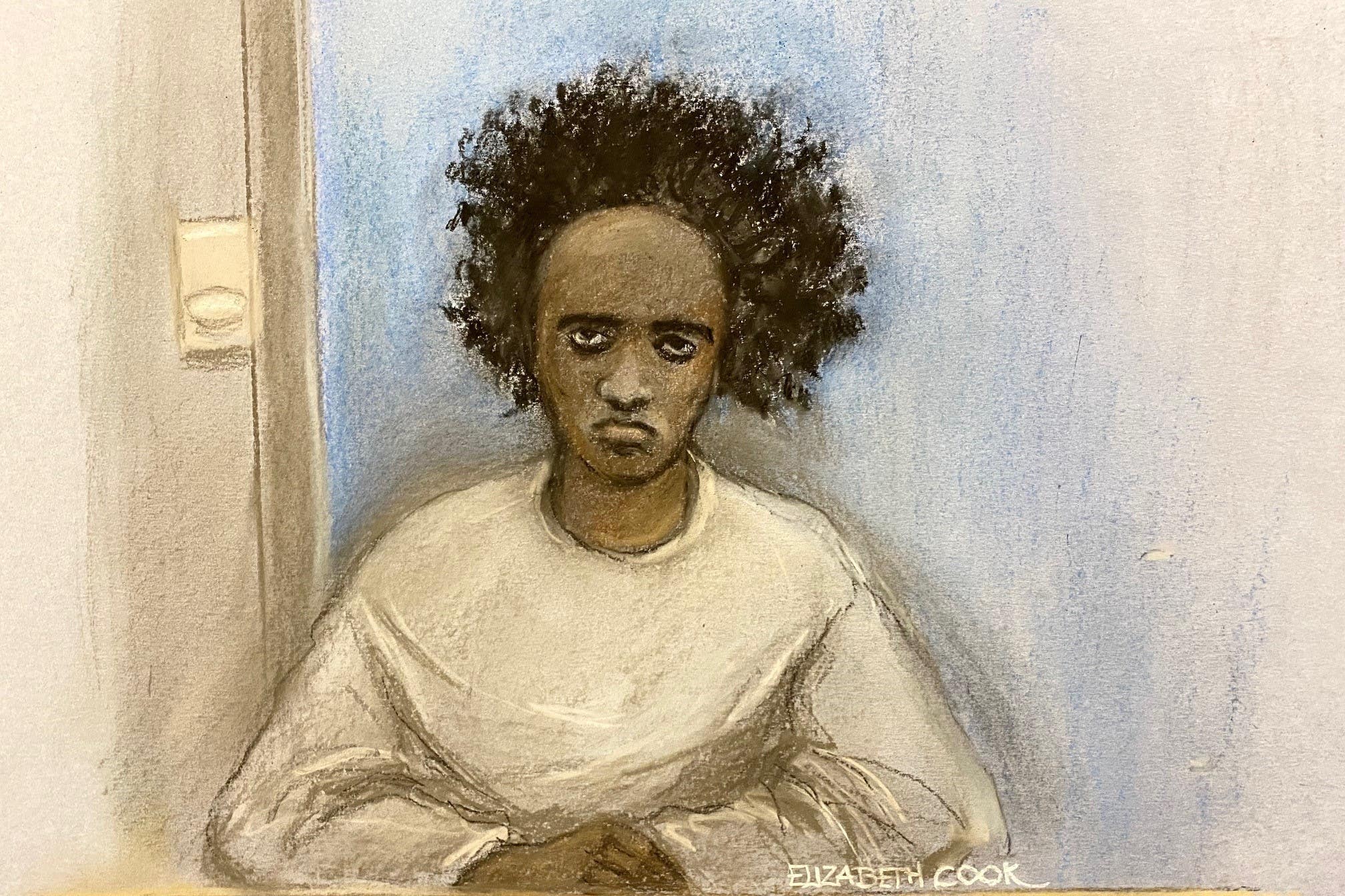 A court artist sketch of Southport stabbings suspect Axel Rudakubana, 18, appearing via videolink during the preparatory hearing (Elizabeth Cook/PA)