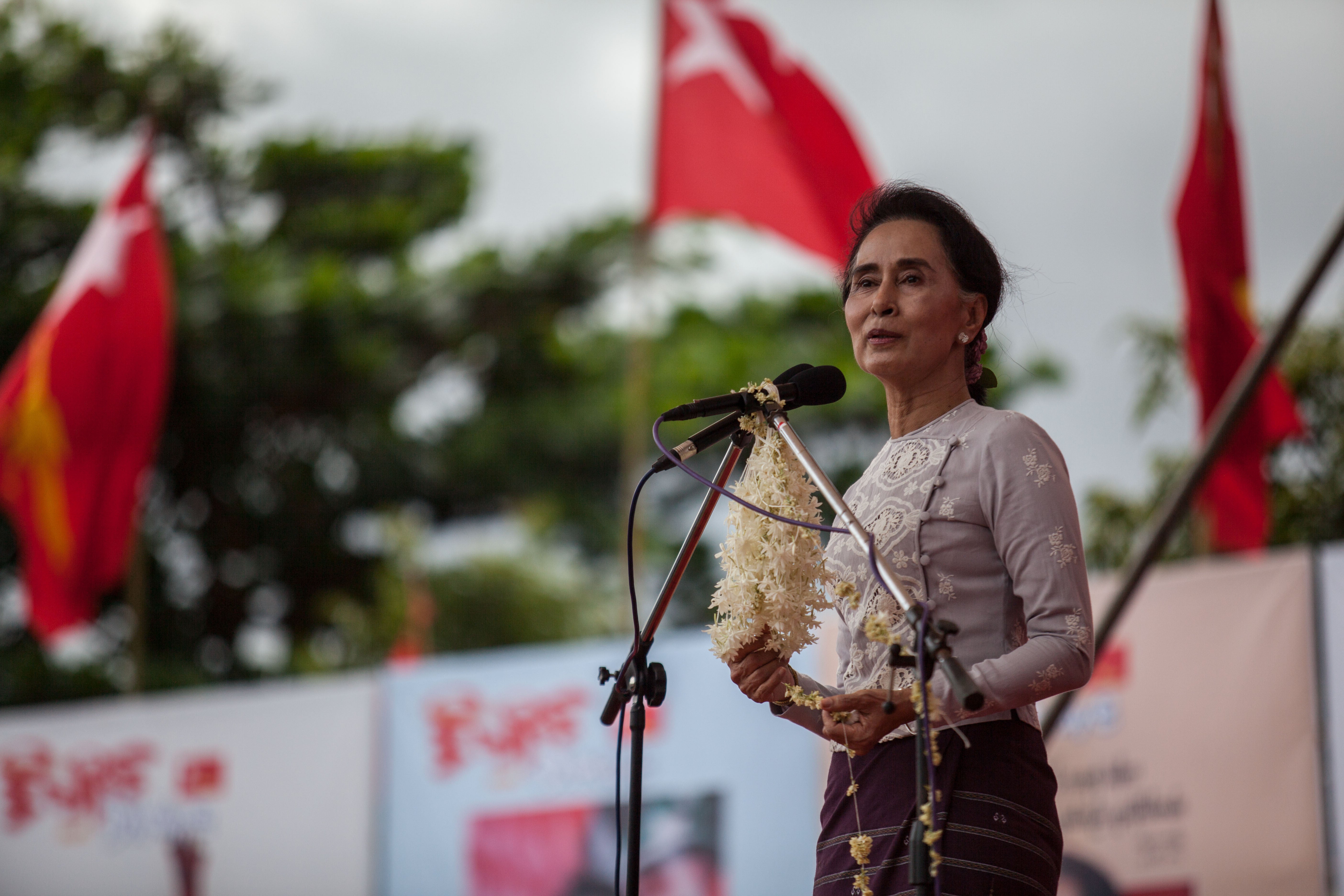 Aung San Suu Kyi, the then leader of Myanmar's National League for Democracy, speaking at a rally on August 21, 2015 in Yangon