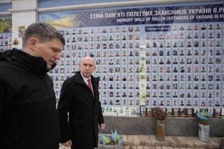 Defence Secretary John Healey (right) with Serhii Boyev, deputy minister of defence of Ukraine for European integration, laying flowers at the Wall of Remembrance of the Fallen for Ukraine (Stefan Rousseau/PA)