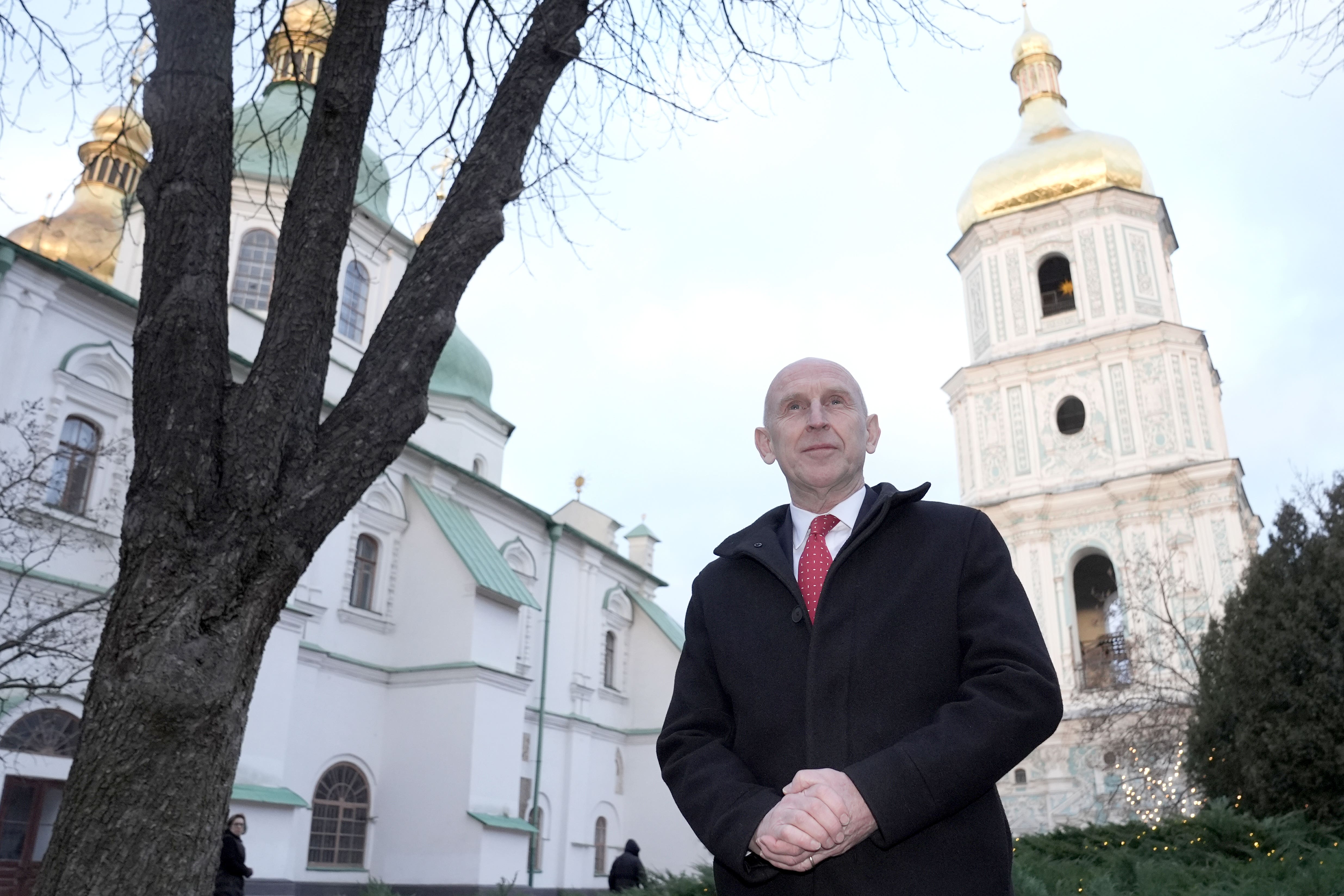 Defence Secretary John Healey in front of Saint Sophia Cathedral in Kyiv (Stefan Rousseau/PA)