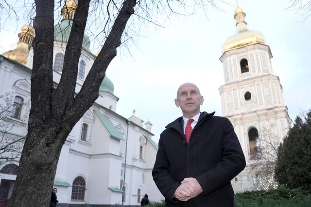 Defence Secretary John Healey in front of Saint Sophia Cathedral in Kyiv (Stefan Rousseau/PA)