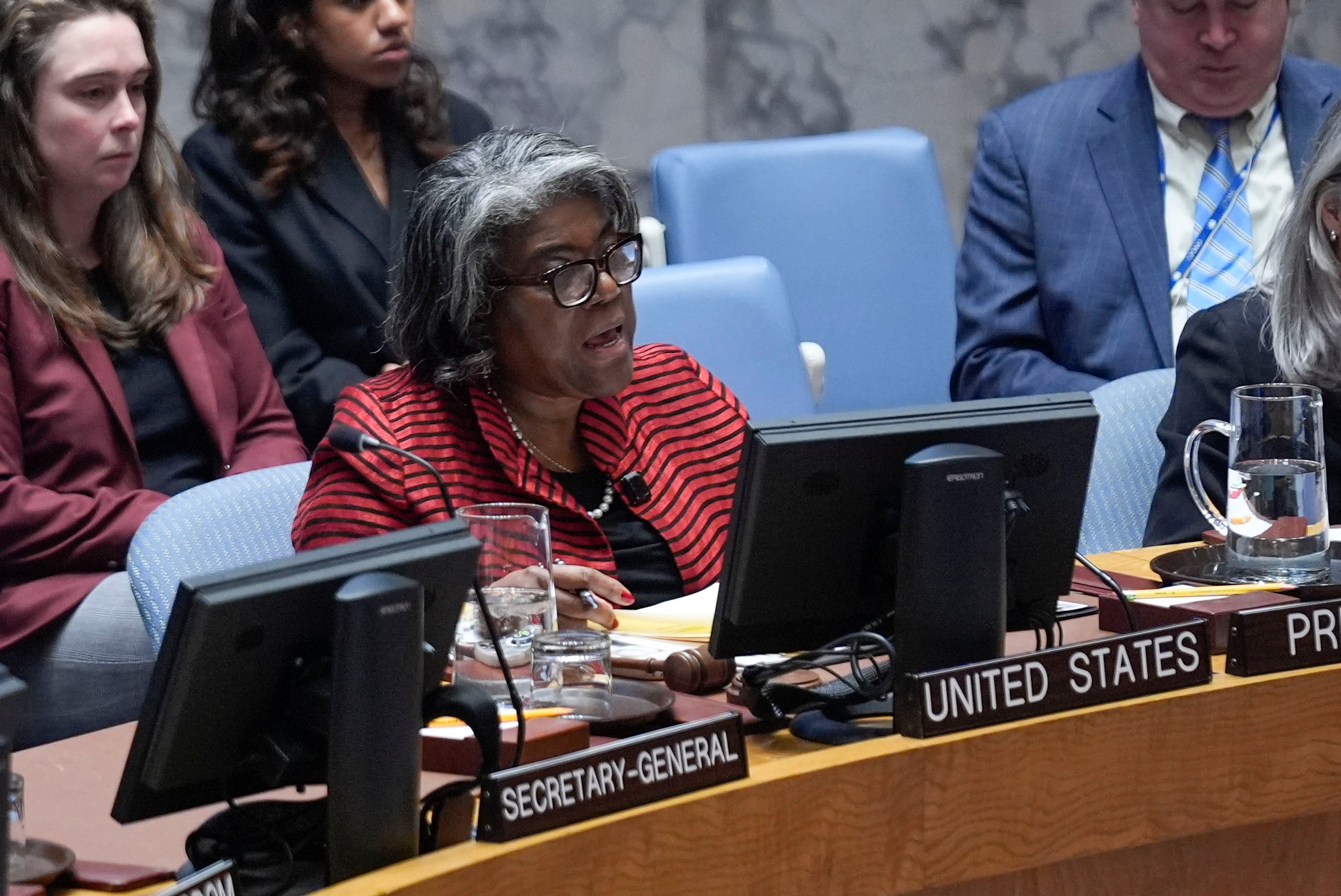 Linda Thomas-Greenfield, United States Ambassador to the United Nations, speaks during a Security Council meeting