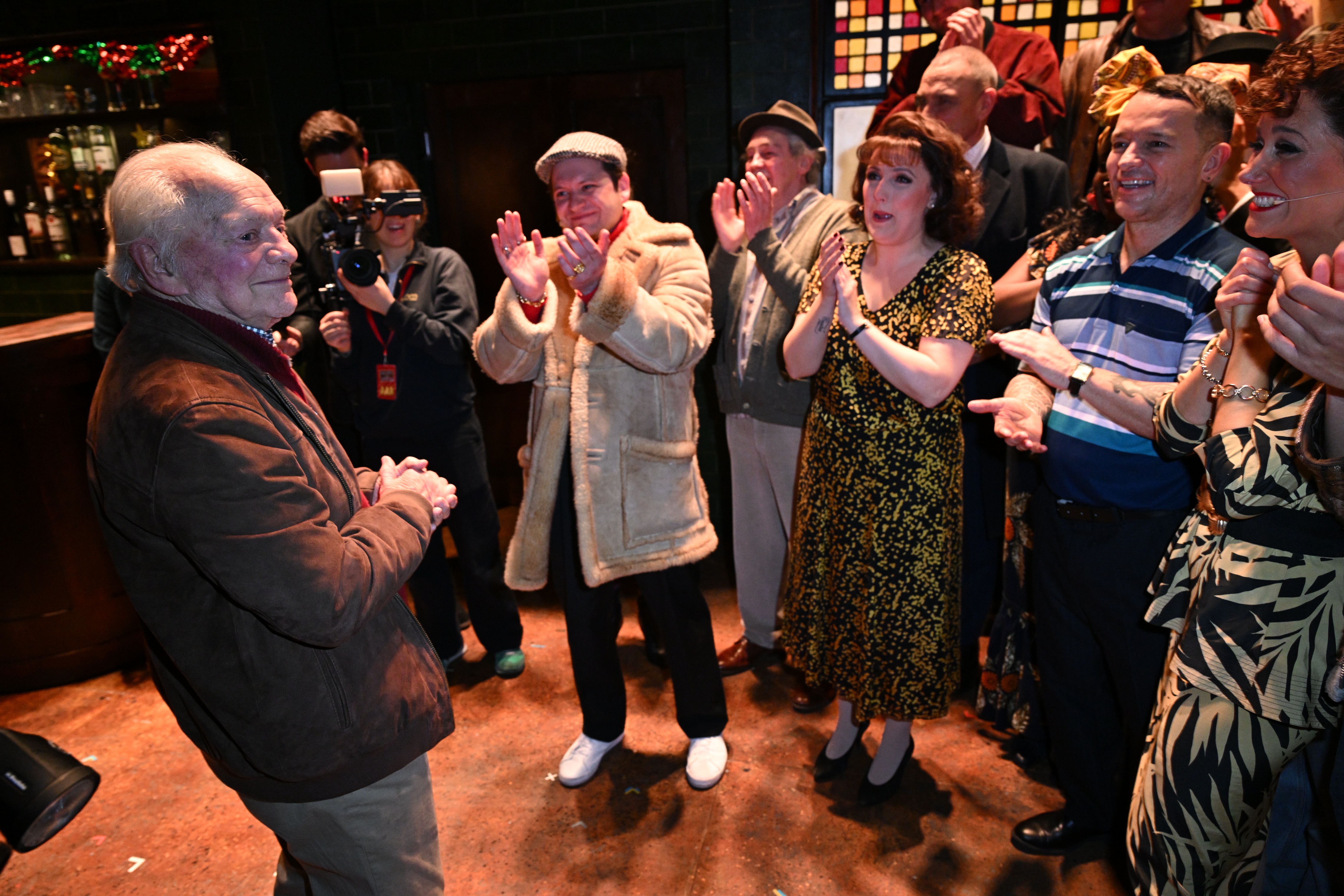 Actor Sir David Jason (left) who played Derek ‘Del Boy’ Trotter in the hit BBC comedy, Only Fools And Horses, meets the cast of the musical version backstage at the Hammersmith Apollo, in west London (Doug Petters/PA)