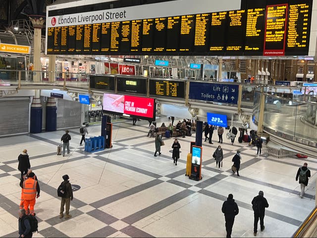 <p>Liverpool Street station in London where the first 17 departures of the Stansted Express were cancelled on one of the busiest days of the winter</p>