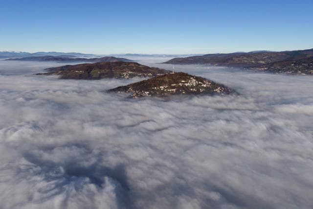 <p>General view of Sarajevo and TV Tower as a dense layer of fog and smog blankets Sarajevo, Bosnia </p>