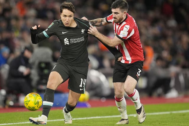 Liverpool forward Federico Chiesa, left, made his first appearance since September 25 during Wednesday evening’s win at Southampton (Andrew Matthews/PA)