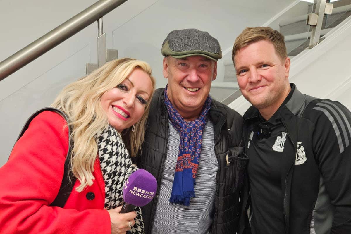 Lifelong Newcastle fan Steven Hunter met Eddie Howe earlier this week with BBC Radio Newcastle’s Kelly Scott (BBC Radio Newcastle/PA)