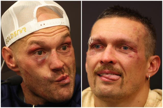 <p>Tyson Fury (left) and Oleksandr Usyk after their brutal first fight in May</p>