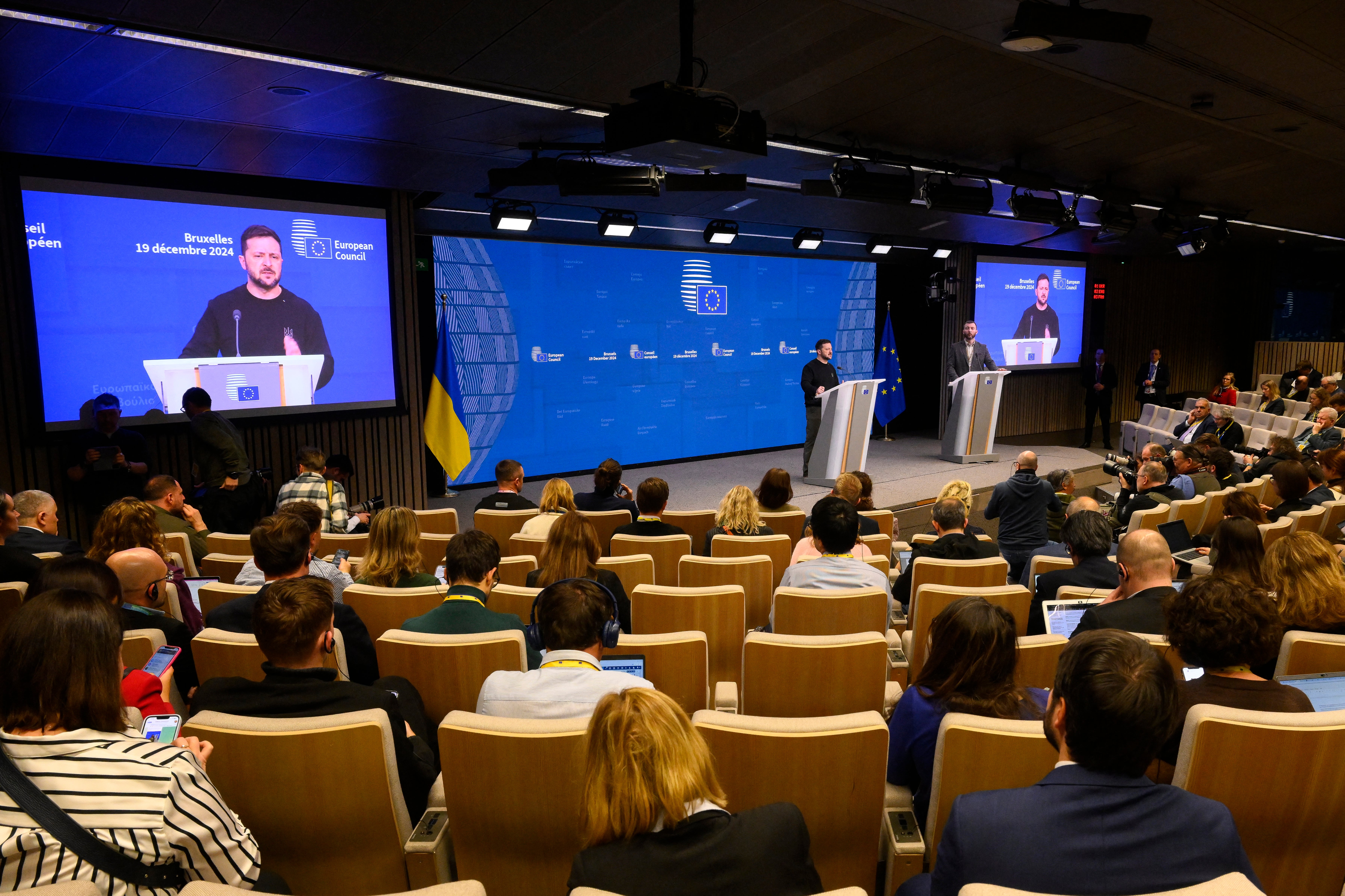 Zelensky speaks at a press conference after European Council meeting