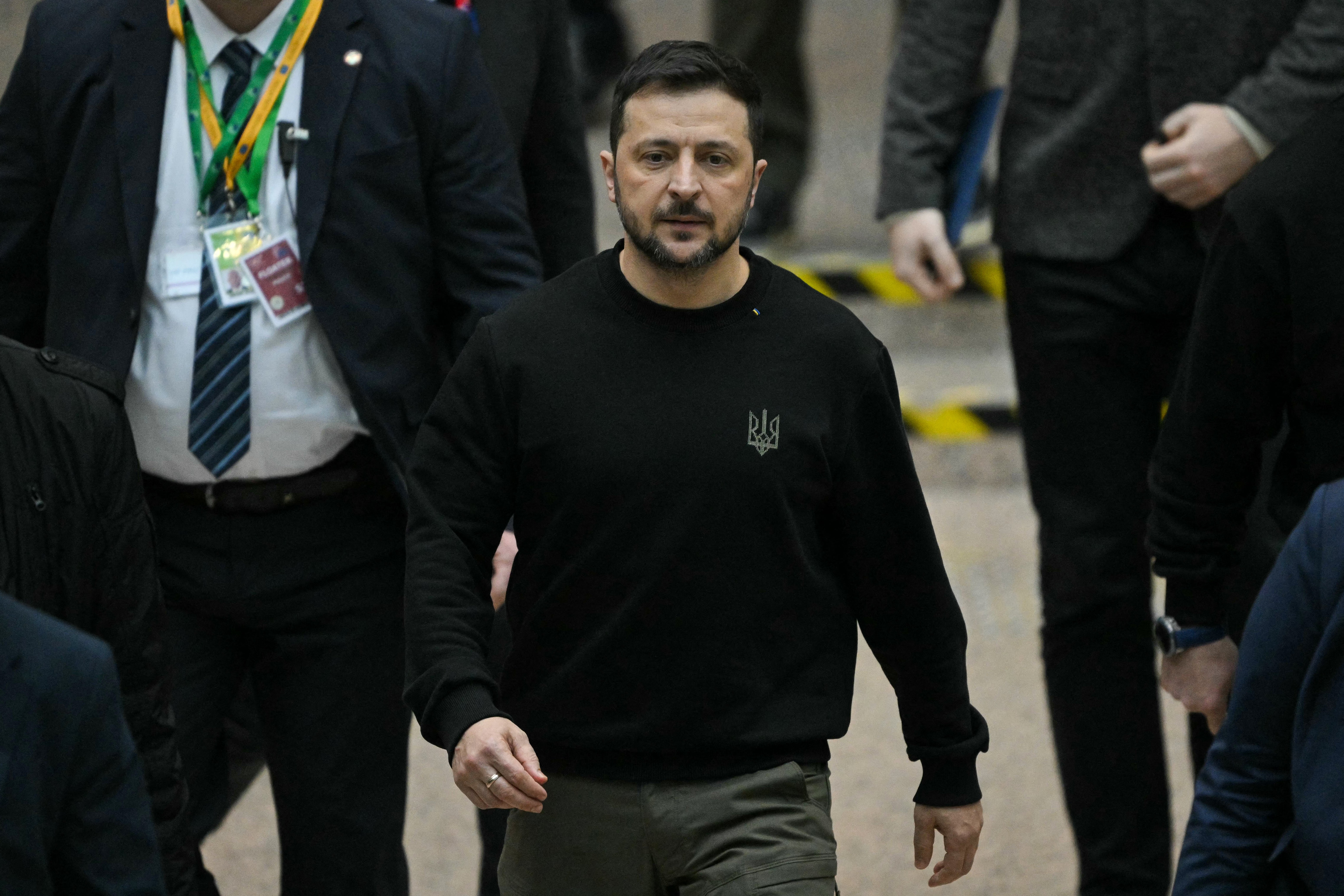 Mr Zelensky arrives for a press conference following the European Council meeting at the EU headquarters in Brussels