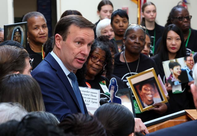 <p>U.S. Sen. Chris Murphy (D-CT) speaks alongside family members of gun violence victims during a press conference on gun violence prevention at the Hart Senate Office Building on December 12, 2024 in Washington, DC</p>