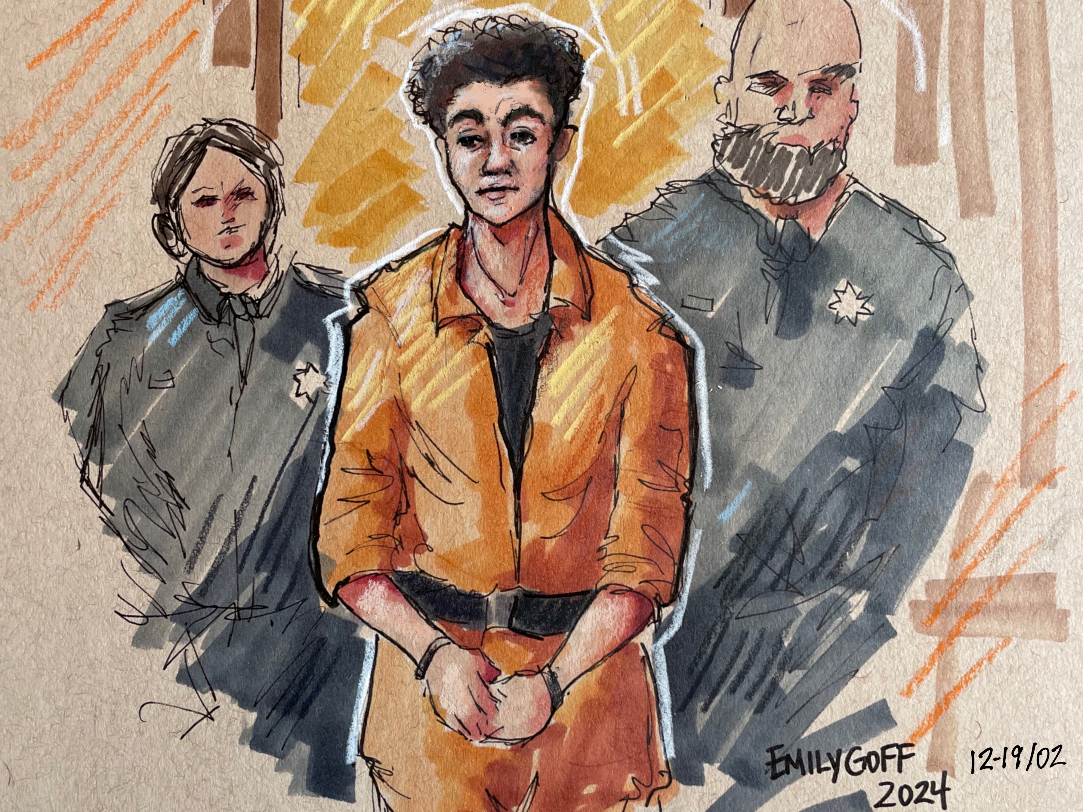 A court sketch shows Luigi Mangione being led out of Pennsylvania court after waiving his right to an extradition hearing