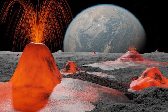 <p>An artist’s impression shows what the moon may have looked like during intense volcanic activity. This ‘remelting’ could be an explanation for when and how the moon formed, scientists said this week </p>