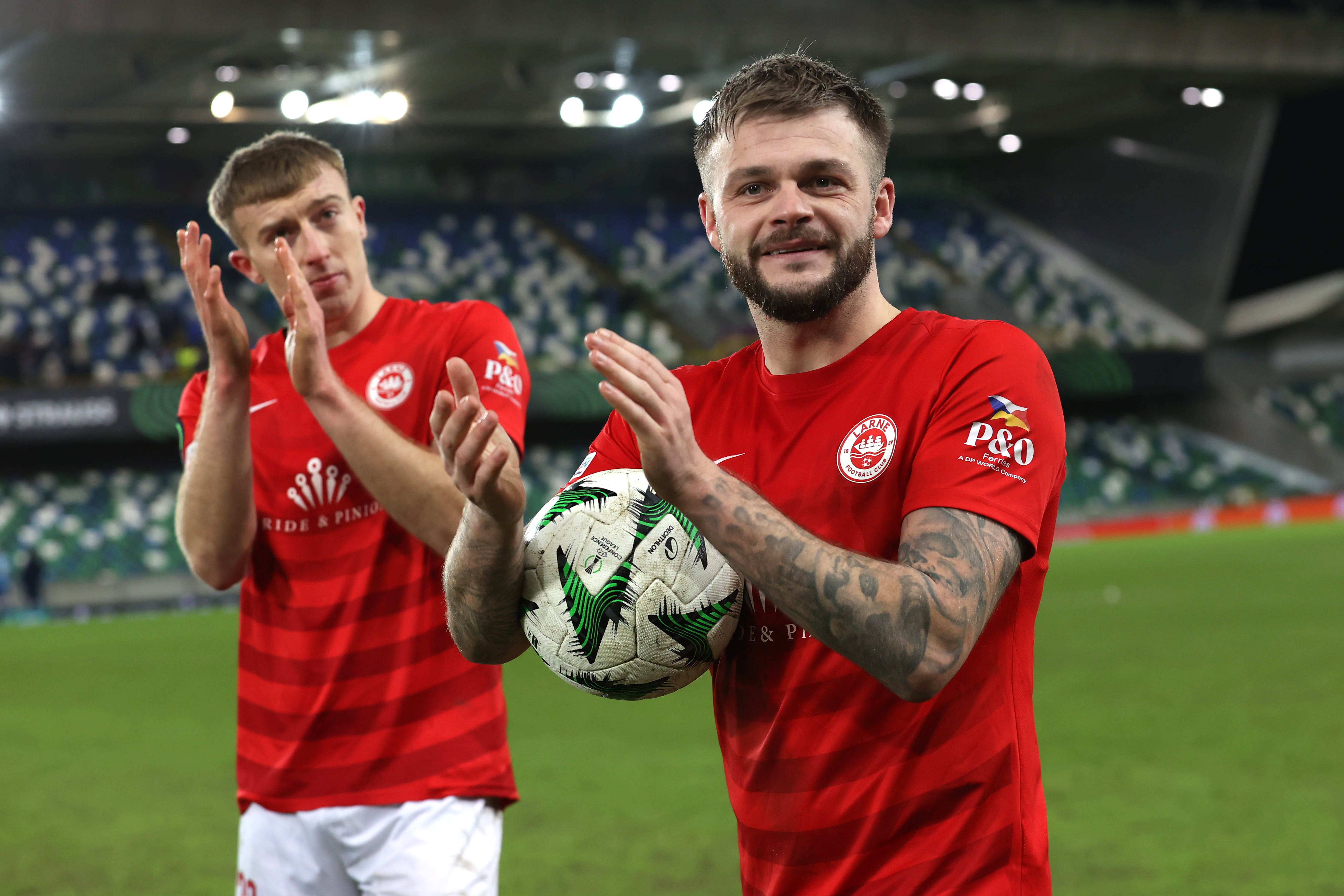 Larne celebrate beating Gent (Liam McBurney/PA)