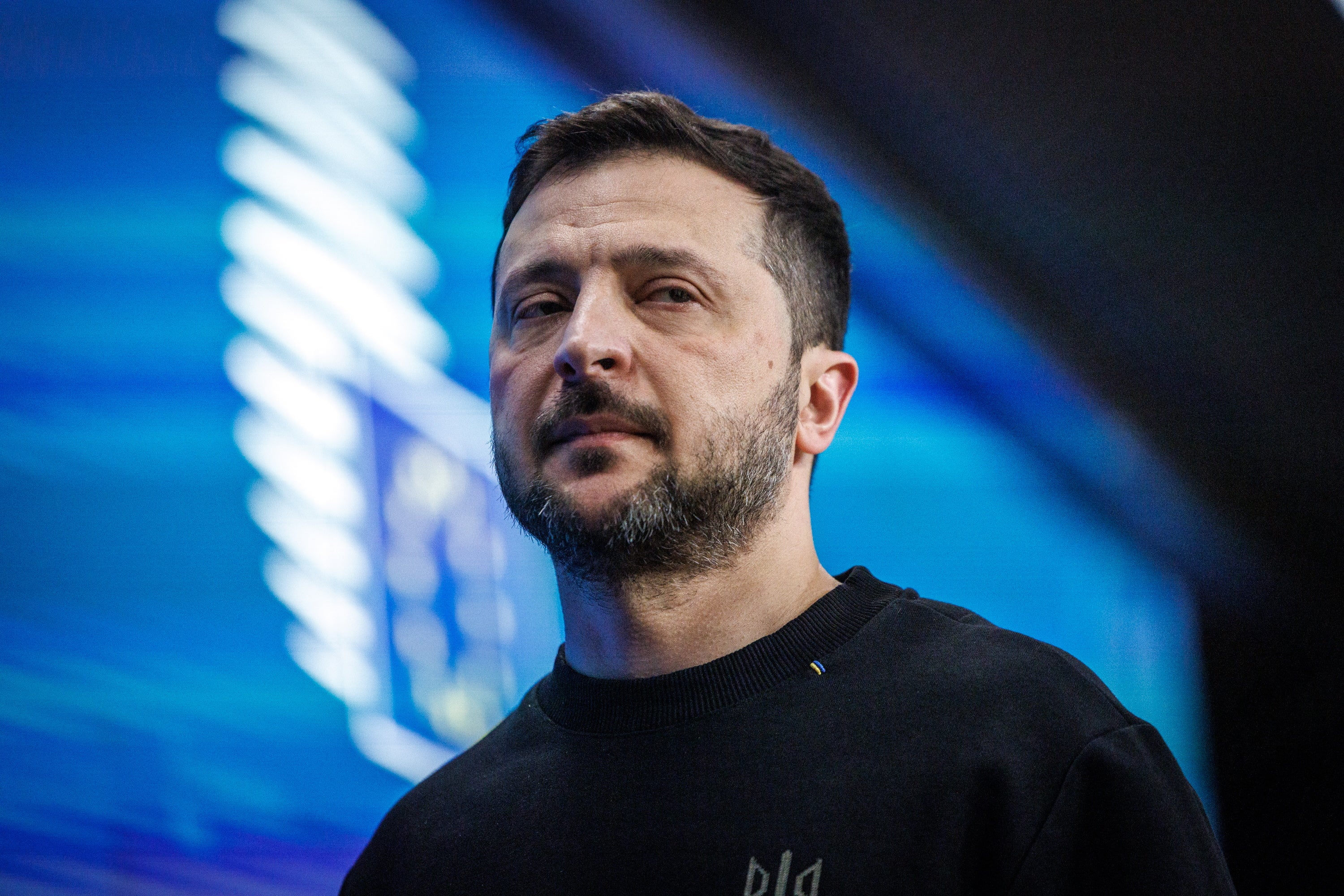 Ukrainian president Volodymyr Zelensky leaves following a press conference at the EU Summit in Brussels