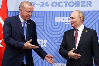 Russian president Vladimir Putin meets with Turkish president Recep Tayyip Erdogan on the sidelines of the Brics summit in Kazan