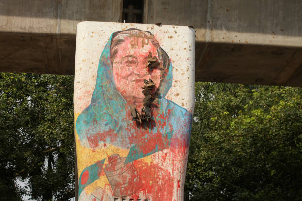 People have put garlands of shoes in Sheikh Hasina’s portrait in Dhaka,Bangladesh