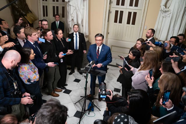 <p>Speaker of the House Mike Johnson speaks to the media during a vote on a spending bill. Chaos has errupted in D.C. after its failure </p>