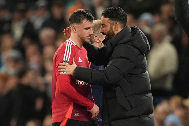 Mason Mount (left) is consoled by Manchester United manager Ruben Amorim at Manchester City (Martin Rickett/PA)