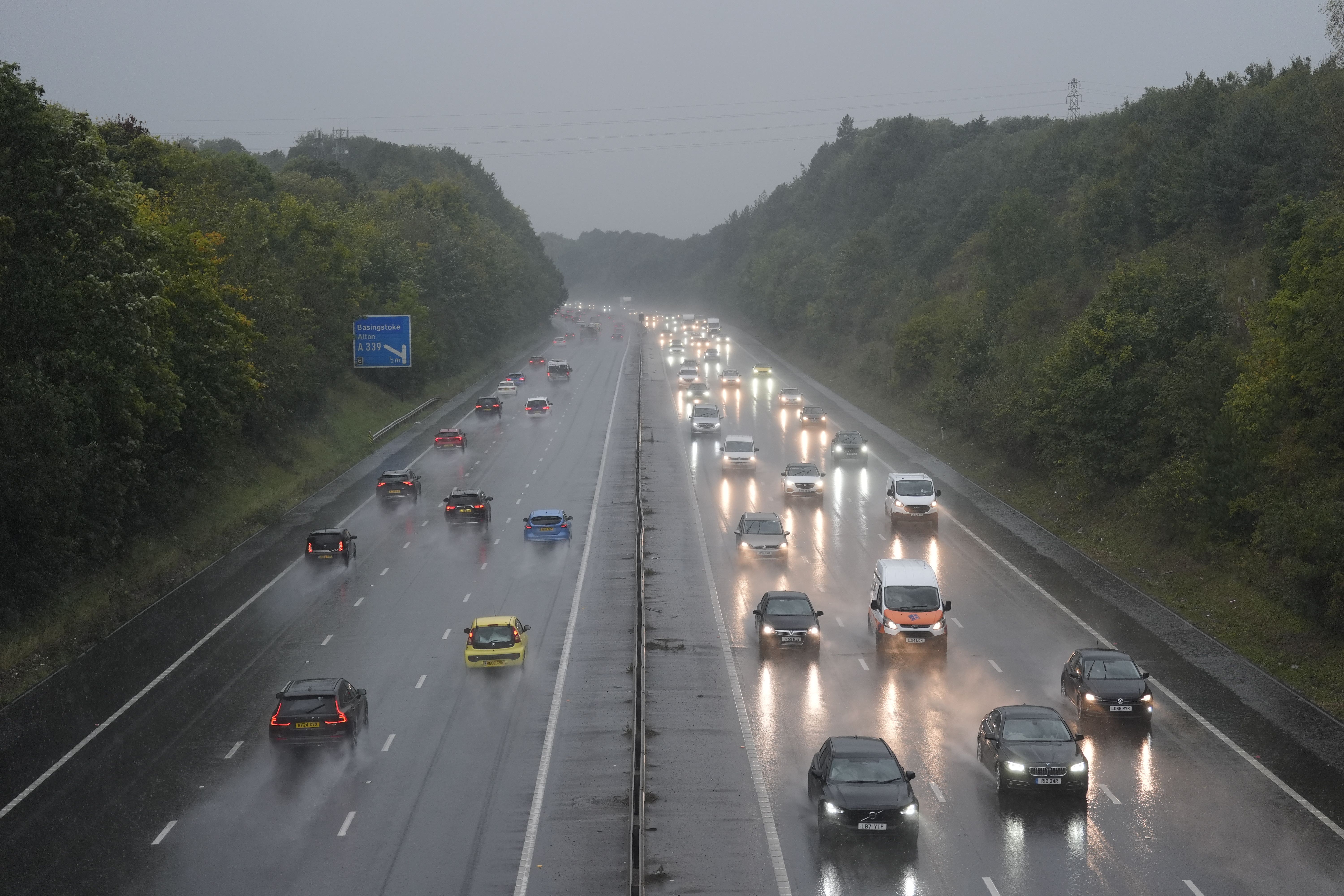 Traffic on the M3 motorway near Basingstoke during wet weather