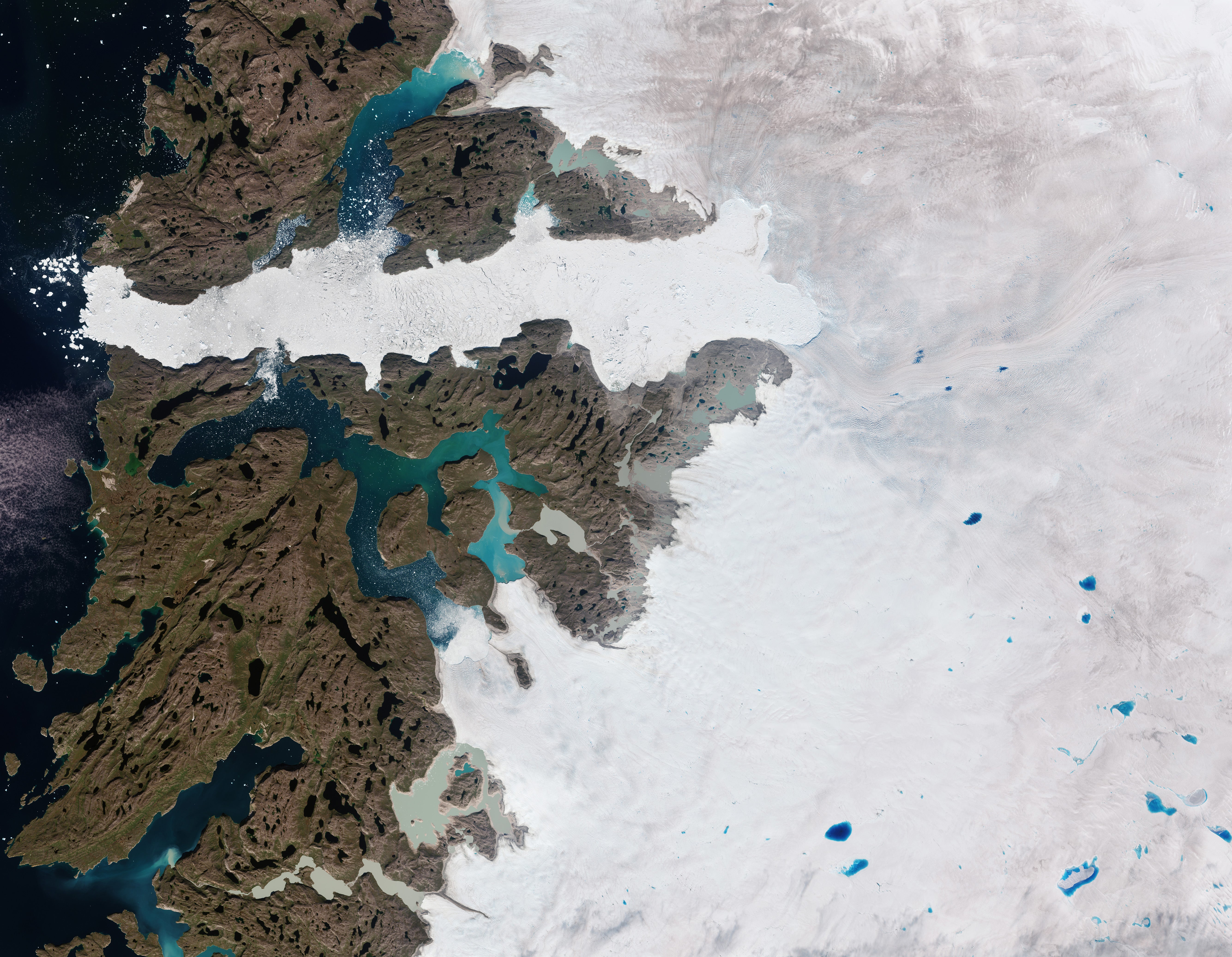 An image from the European Space Agecny’s Copernicus Sentinel-2 image shows the Jakobshavn Isbræ Glacier in Greenland — one of the fastest and most active glaciers in the world. New research using the agency’s satellite and a NASA mission has shown the most extreme thinning occurred at the ice sheet’s outlet glaciers