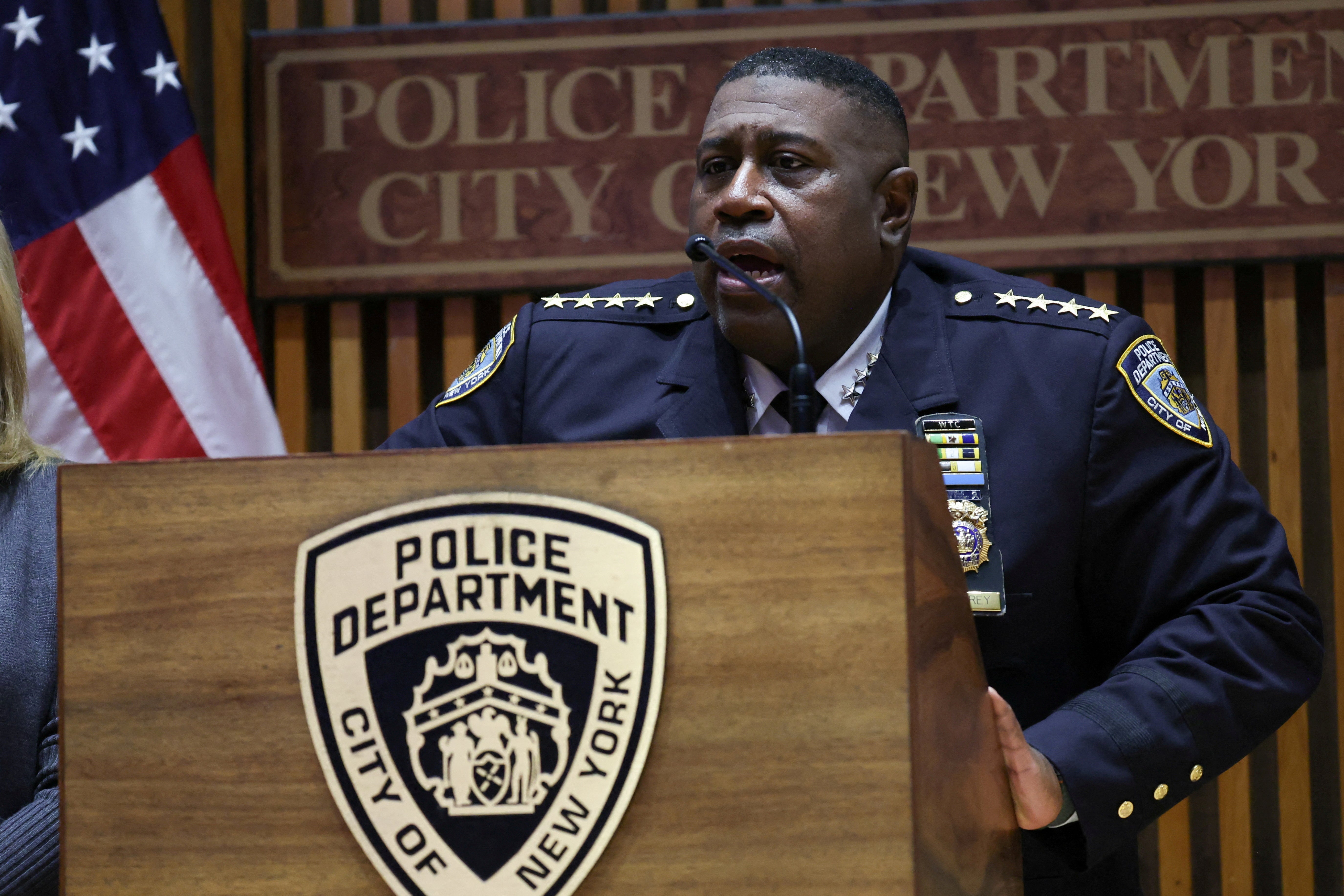 NYPD Chief of Department Jeffrey Maddrey speaks during NYPD press conference after the CEO of UnitedHealthcare Brian Thompson was reportedly shot and killed in Midtown Manhattan, in New York City on December 4. He abruptly resigned after allegations surfaced about demanding sexual favors from his inferior in exchange for overtime pay