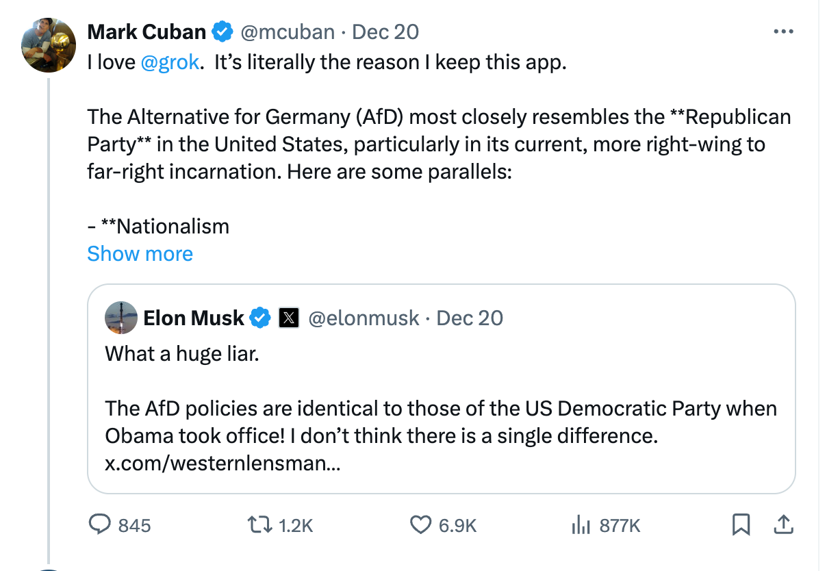 Chuir Mark Cuban sìos moladh Musk air AfD na Gearmailt le bhith a’ cleachdadh Grok