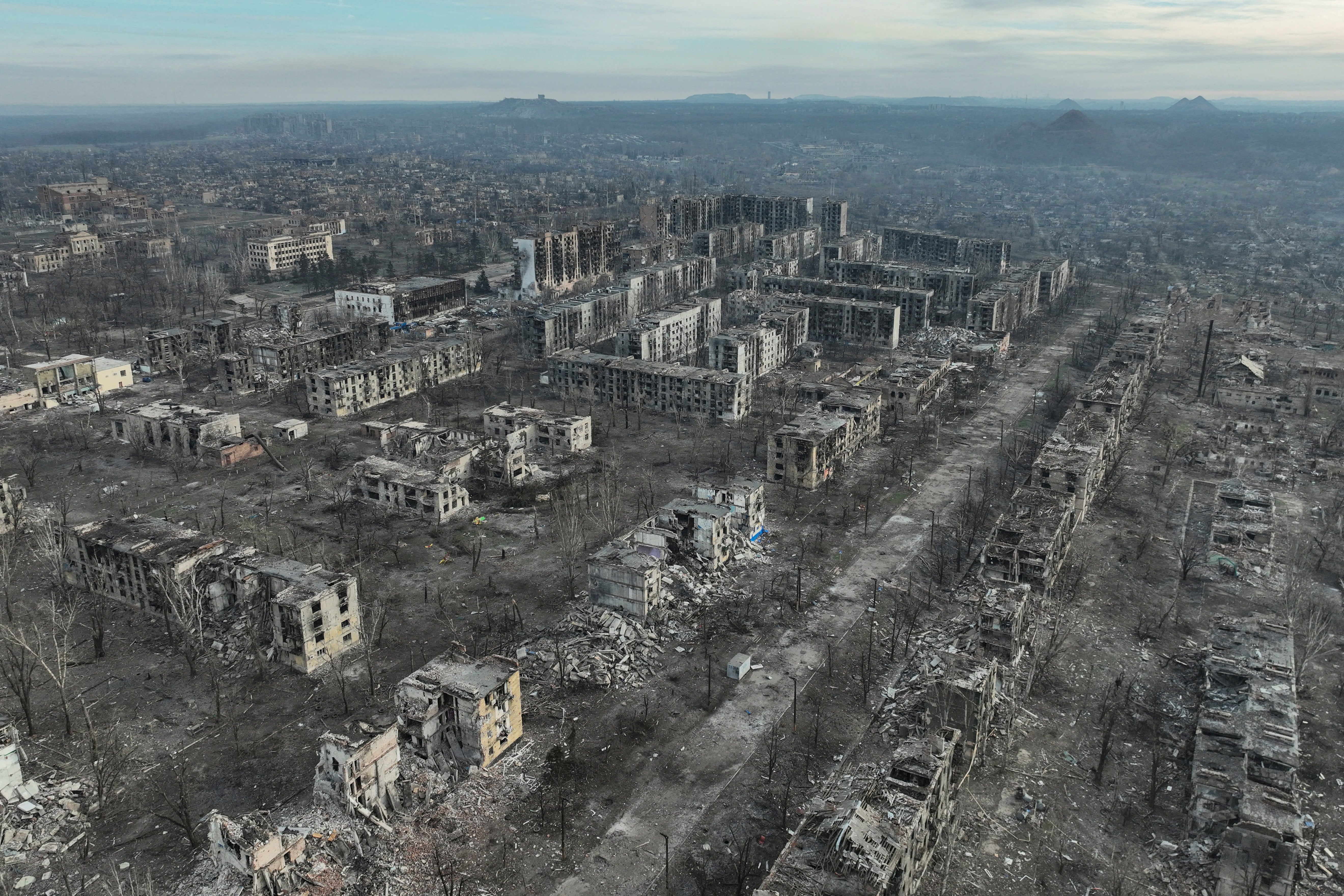 Drone showing residential and administrative buildings destroyed in Donetsk