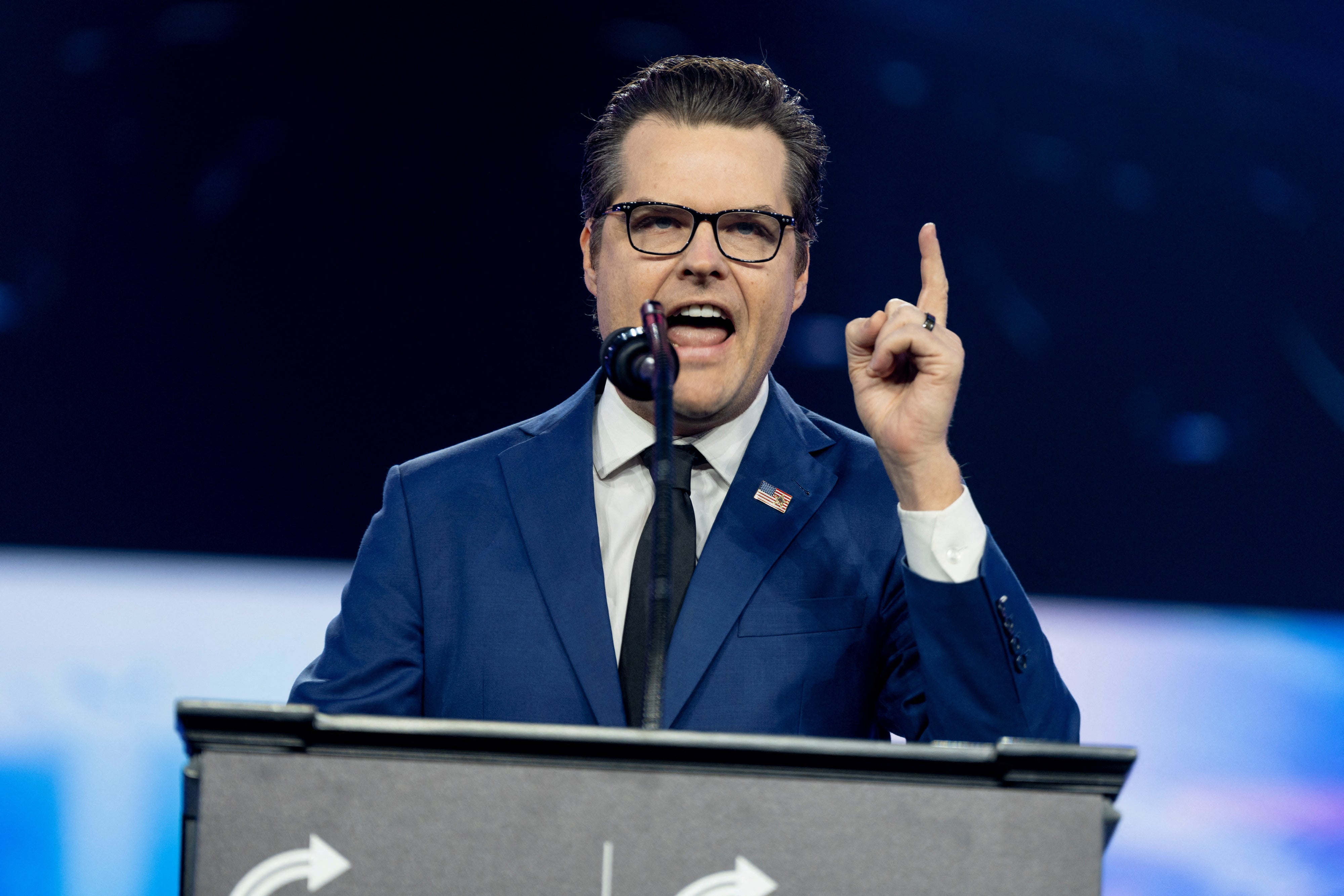 Former Rep. Matt Gaetz speaks ahead of an appearance Sunday Donald Trump at the AmericaFest 2024 conference sponsored by conservative group Turning Point in Phoenix, Arizona.