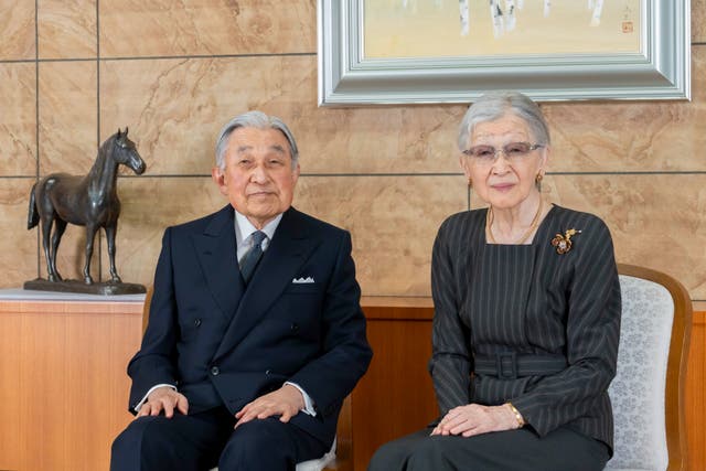 <p>Japan’s former emperor Akihito, left, and former empress Michiko at their residence in Tokyo</p>