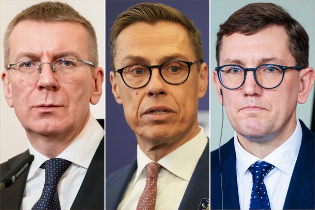 <p>Latvian president Edgards Rinkevics, Finnish president Alexander Stubb and Estonia’s prime minister Kristen Michal have urged Nato to increase its defence spending   </p>