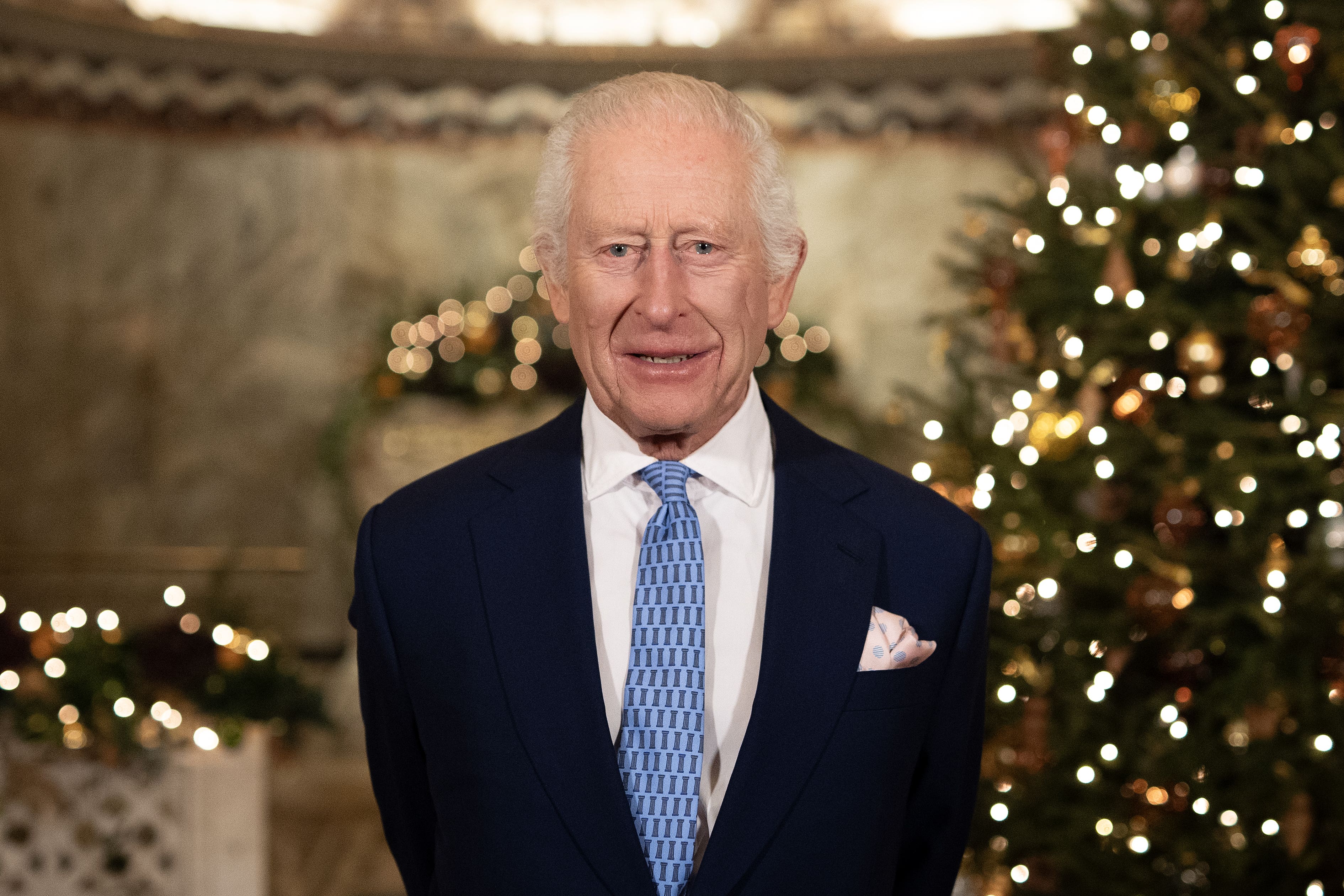 The King during the recording of his Christmas message at Fitzrovia Chapel in central London (Aaron Chown/PA)