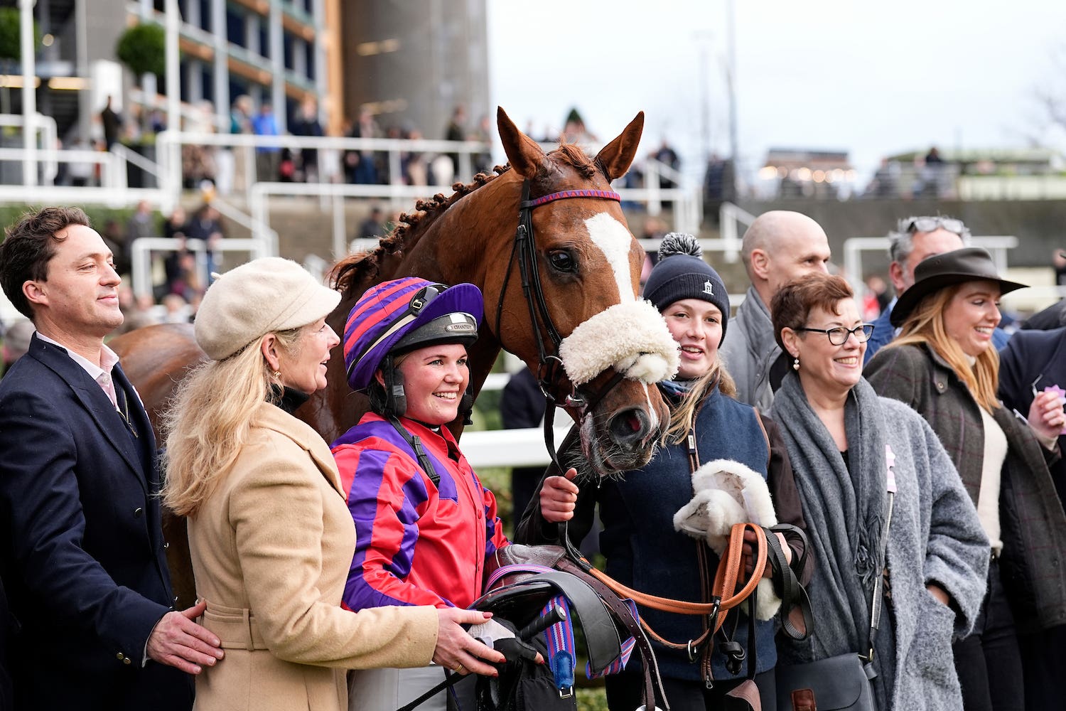 Posh Pundit racing syndicate owner Rupert Adams with mother and daughter trainer Georgie Nicholls and jockey Olive Nicholls and Thank You Ma’am (Megan Rose/PA)