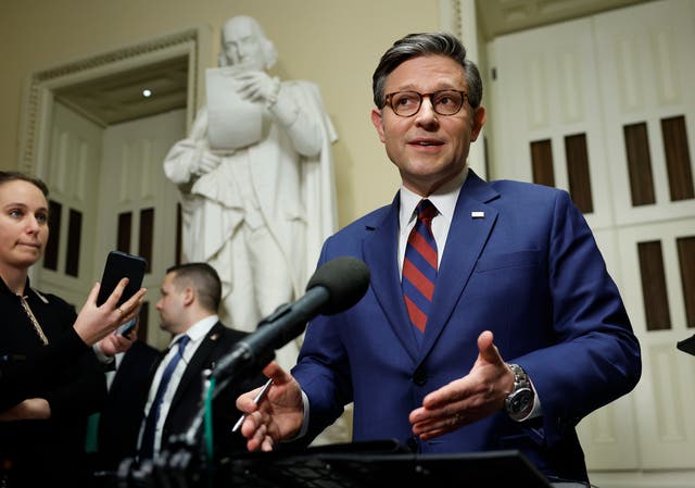 <p>U.S. Speaker of the House Mike Johnson (R-LA) speaks to reporters outside the House Chambers in the U.S. Capitol on December 19, 2024, in Washington, D.C. </p>