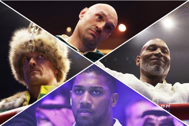 <p>Clockwise from top: Tyson Fury, Lennox Lewis, Anthony Joshua and Oleksandr Usyk</p>