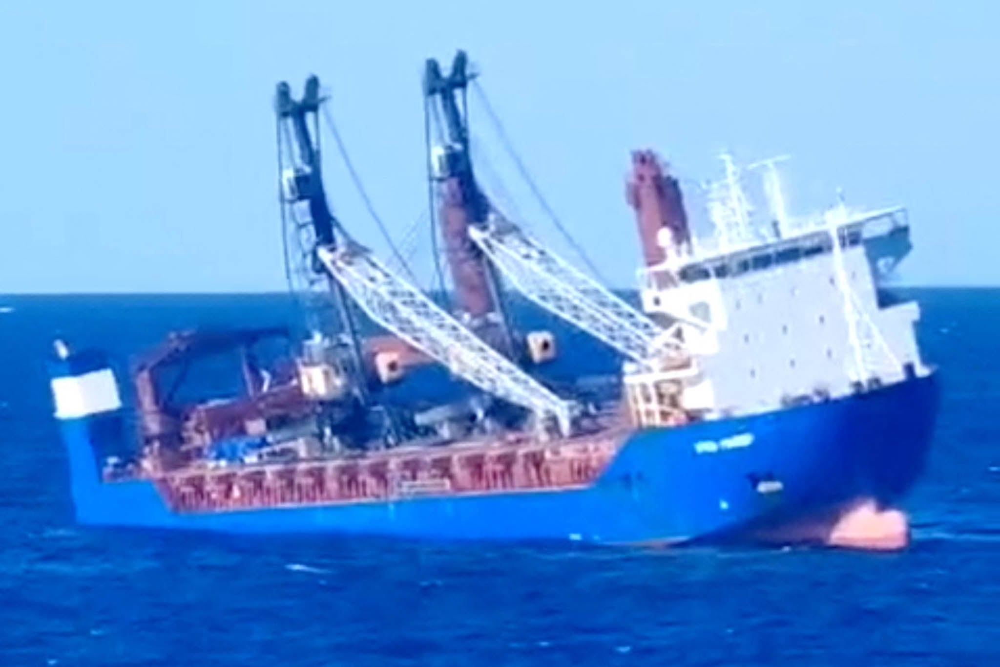 Russian cargo ship Ursa Major, which the Russian Foreign Ministry said sank in the Mediterranean Sea between Spain and Algeria after an explosion in its engine room, lists in this still image obtained from a video released December 23, 2024