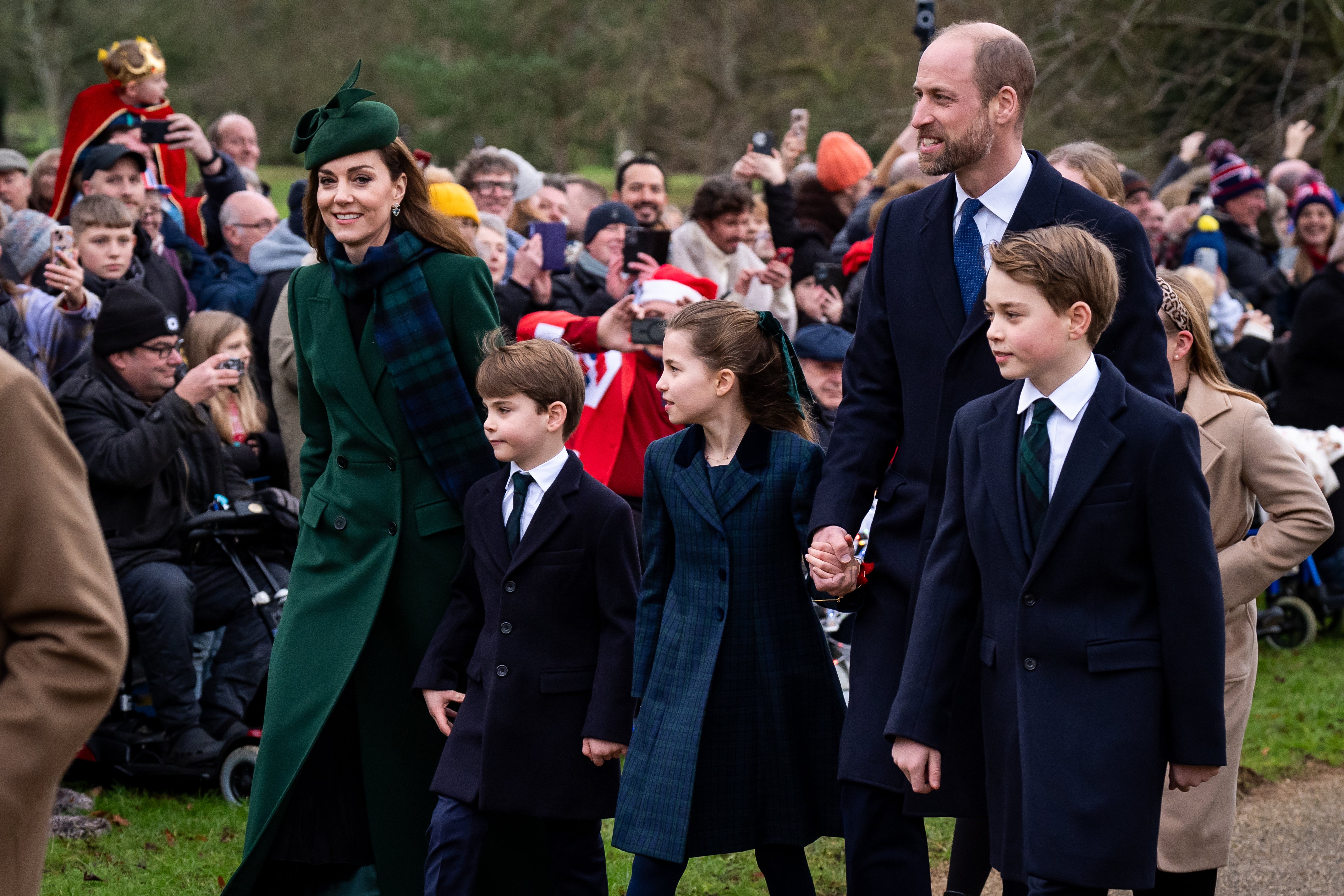 The Princess of Wales, Prince Louis, Princess Charlotte, the Prince of Wales, and Prince George attending the Christmas Day morning church service at St Mary Magdalene Church in Sandringham, Norfolk