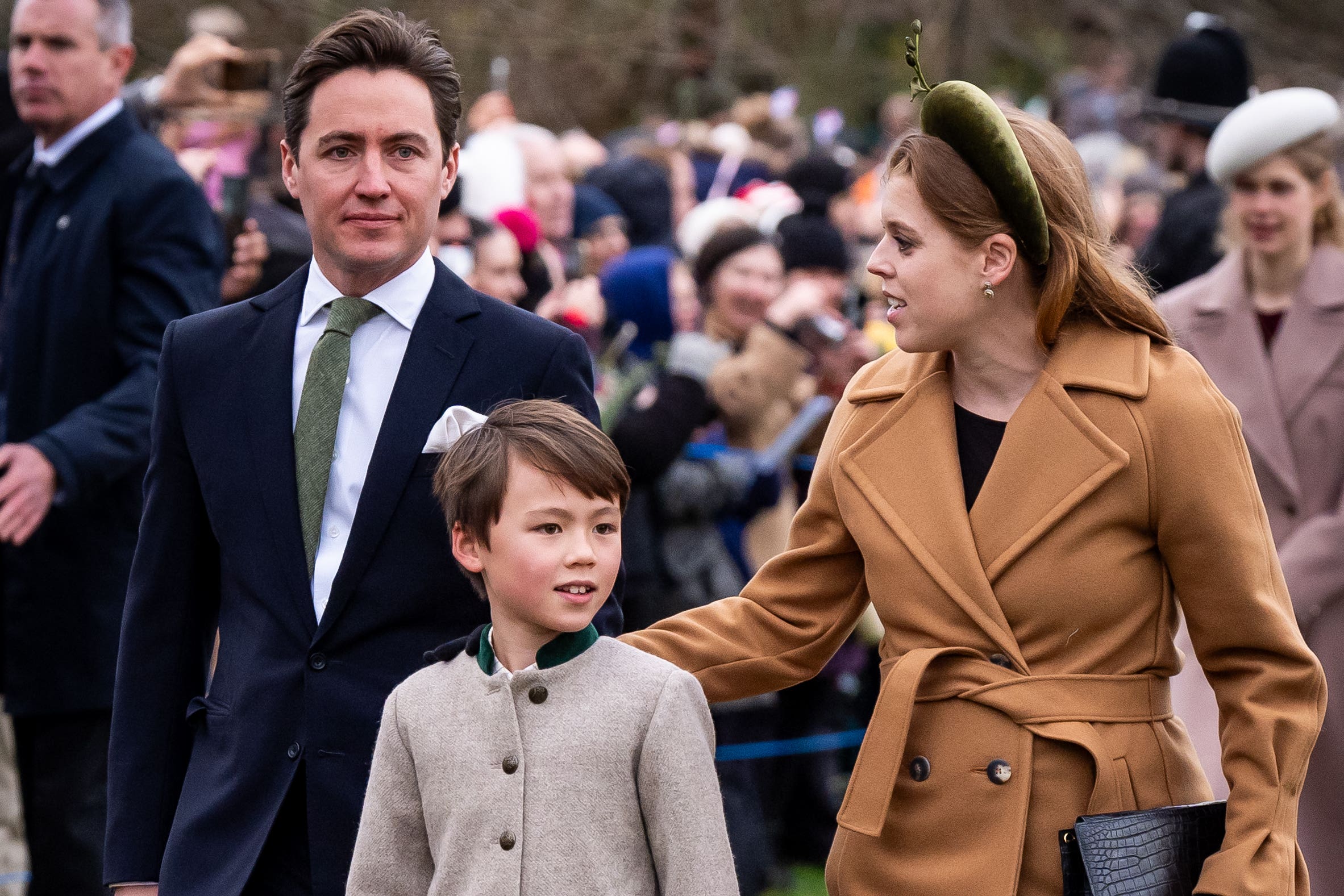 Princess Beatrice, Edoardo Mapelli Mozzi and Wolfie attending the Christmas Day morning church service at St Mary Magdalene Church (Aaron Chown/PA)