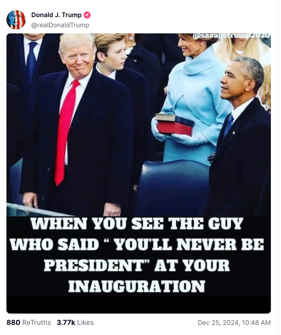 Trump shared the meme mocking Obama on Christmas Day