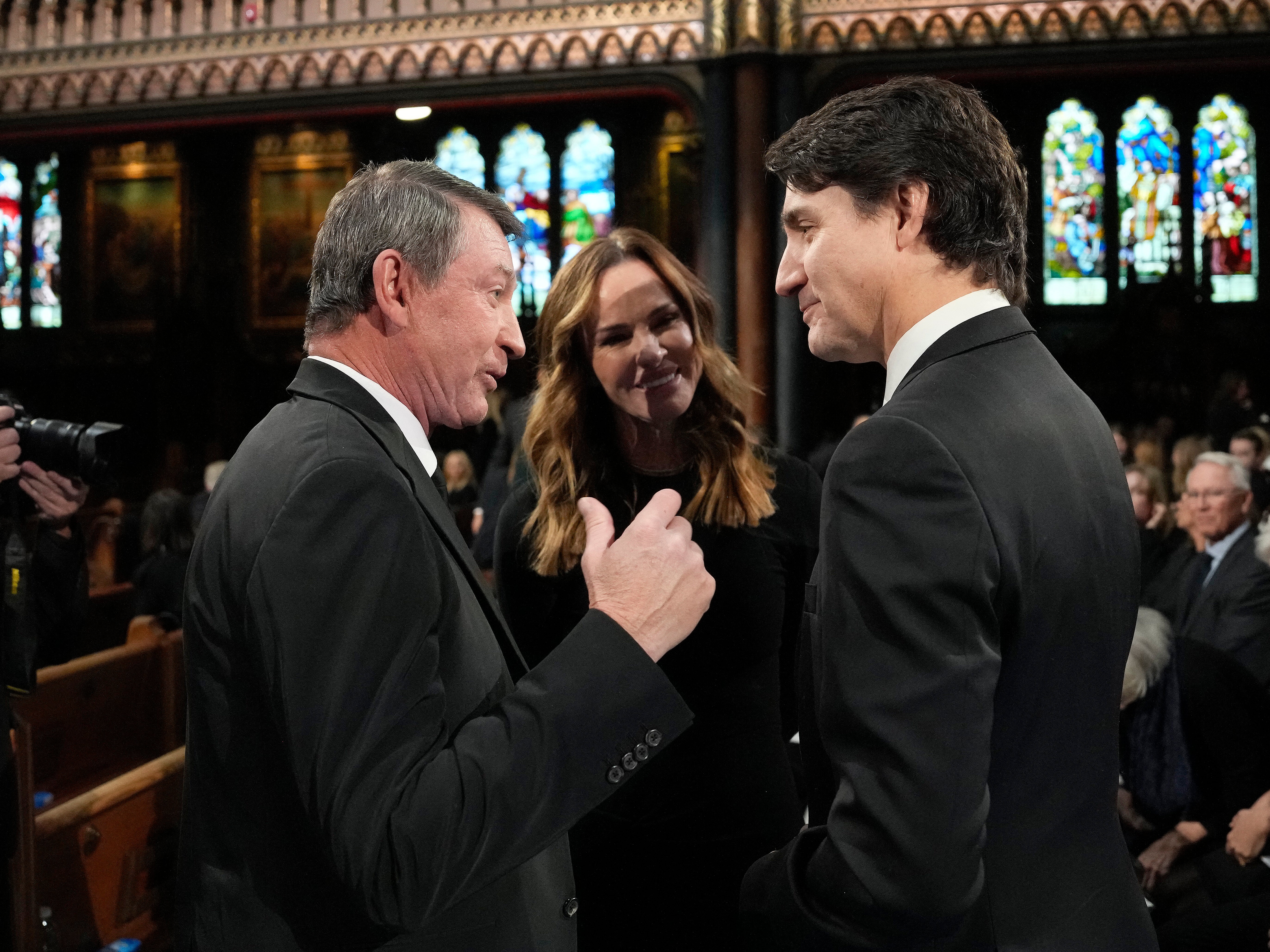 Wayne Gretzky, left, with Justin Trudeau, the man Trump would like to see him replace, at the state funeral of former Canadian PM Brian Mulroney at Notre-Dame Basilica in Montreal on March 23, 2024