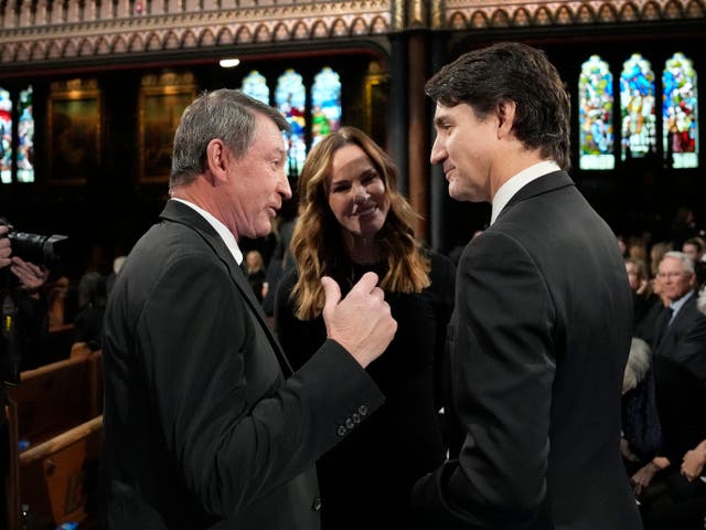 <p>Wayne Gretzky, left, with Justin Trudeau, the man Trump would like to see him replace, at the state funeral of former Canadian PM  Brian Mulroney at Notre-Dame Basilica in Montreal on March 23, 2024</p>