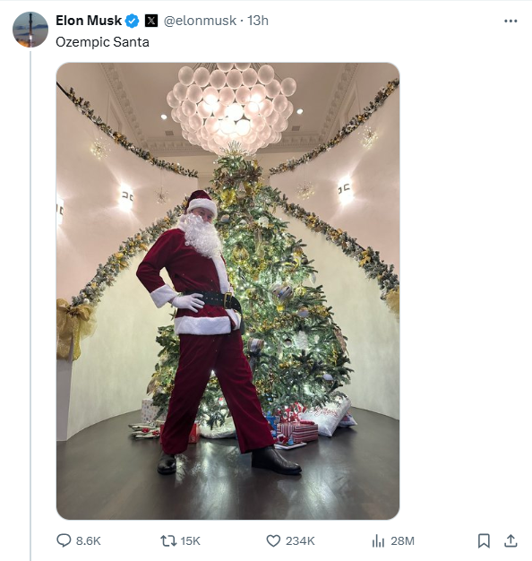 Bidh Elon Musk a’ roinn ìomhaigh dheth fhèin air a sgeadachadh mar Santa Claus còmhla ris an tiotal “Ozempic Santa”. Nochd e cuideachd ann am post air leth gu bheil e a’ gabhail an droga call cuideim Mounjaro.