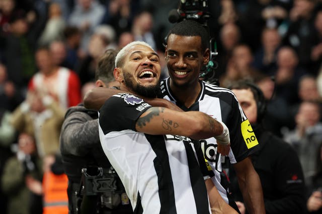 <p>Newcastle’s Joelinton and Alexander Isak celebrate during their win over Villa</p>