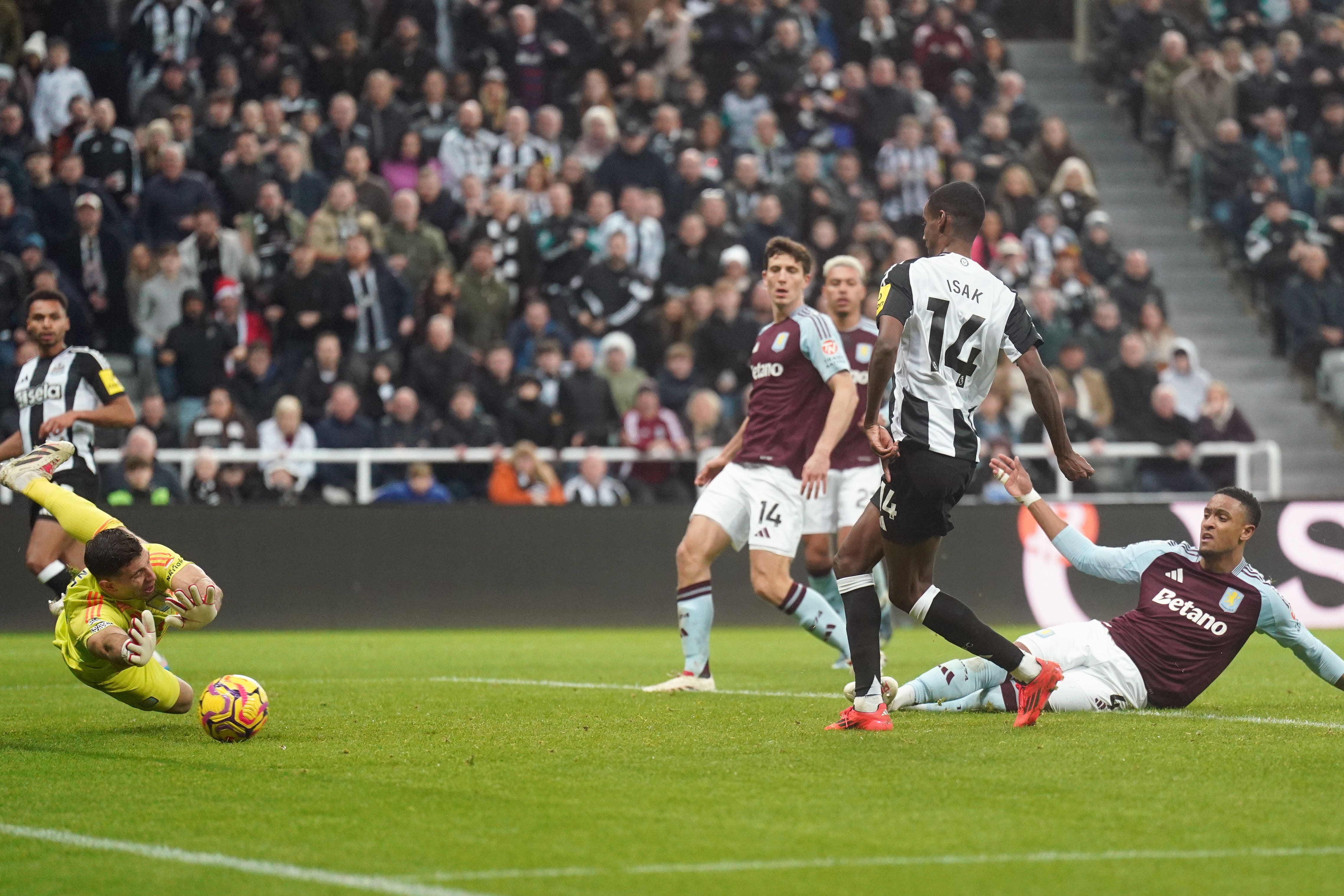 Alexander Isak (second right) scored just before the hour in Newcastle’s win (Owen Humphreys/PA)