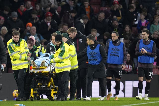 West Ham goalkeeper Lukasz Fabianski leaves the pitch on a stretcher (Andrew Matthews/PA)