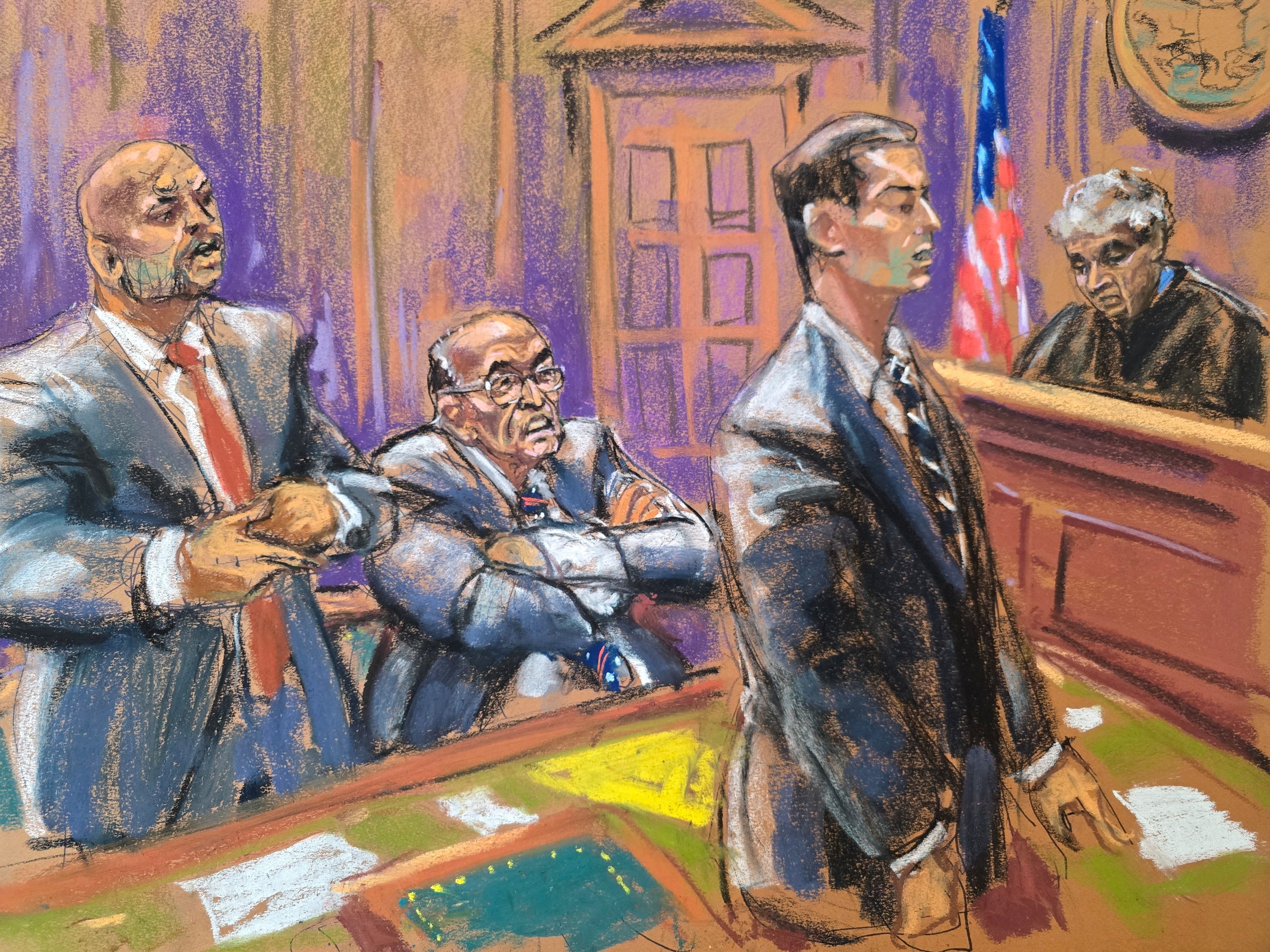 A courtroom sketch depicts Rudy Giuliani during a court hearing in his property turnover case in Manhattan, as a pair of election workers he defamed try to enforce the court-ordered transfer of his valuables after a $150 million judgment