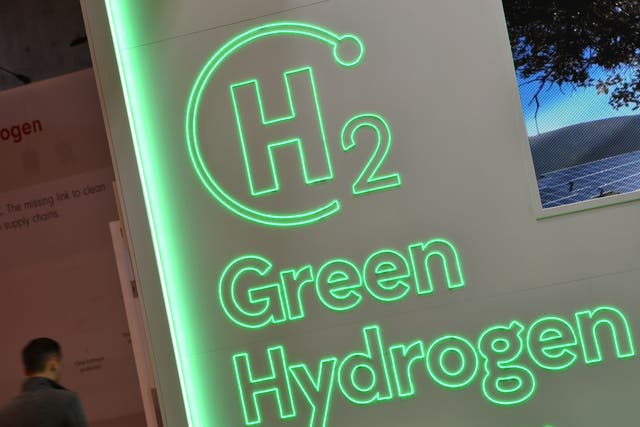 <p>File. The logo of Green Hydrogen is seen at the 2023 Hannover Messe industrial trade fair in Germany on 17 April 2023</p>