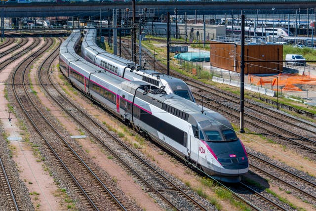 <p>TGV Inoui train near Gare de Lyon station. TGV is France's intercity high-speed rail service, operated mainly by SNCF</p>