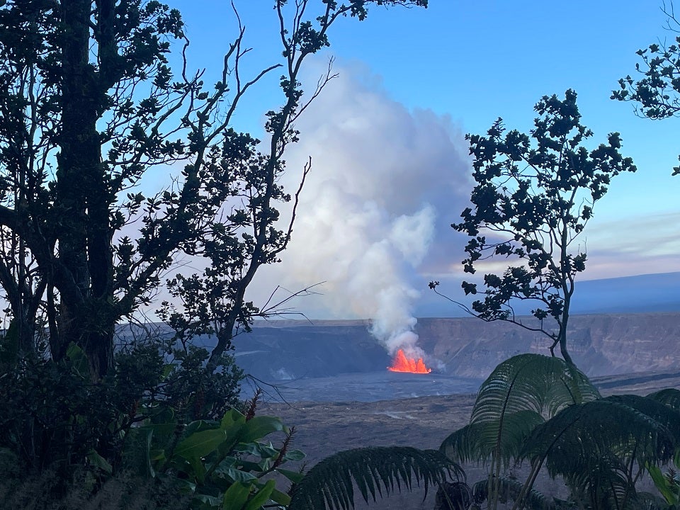 Lava fountains erupt in Kīlauea crater as seen from Kūpinaʻi Pali in Hawaii Volcanoes National Park on Monday. Hazards increase for parkgoers during volcanic eruptions