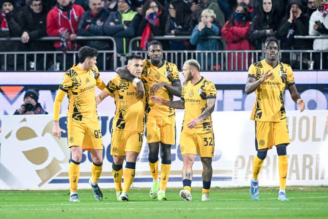 Inter Milan’s Lautaro Martinez (second left) scored his first goal in nine games on Saturday (Gianluca Zuddas/AP)